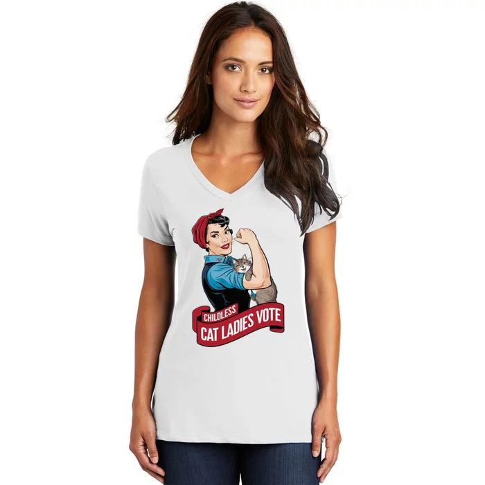 Funny Vintage Childless Cat Ladies Vote Rosie The Riveter Kamala Harris 2024 Women's V-Neck T-Shirt