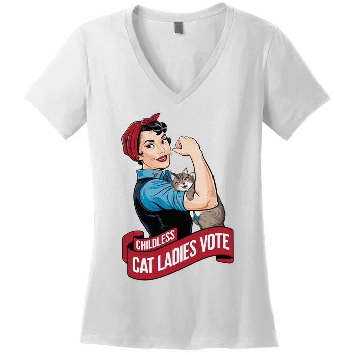 Funny Vintage Childless Cat Ladies Vote Rosie The Riveter Kamala Harris 2024 Women's V-Neck T-Shirt