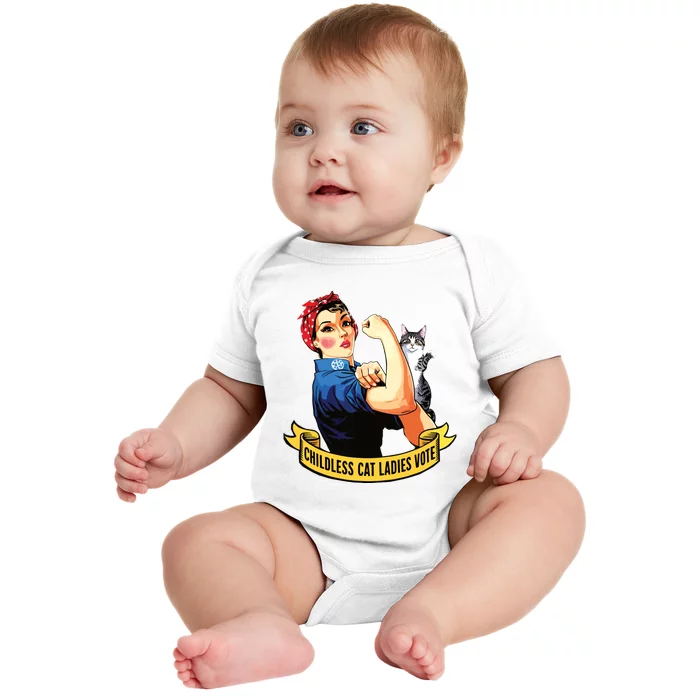 Funny Vintage Childless Cat Ladies Vote Rosie The Riveter Baby Bodysuit