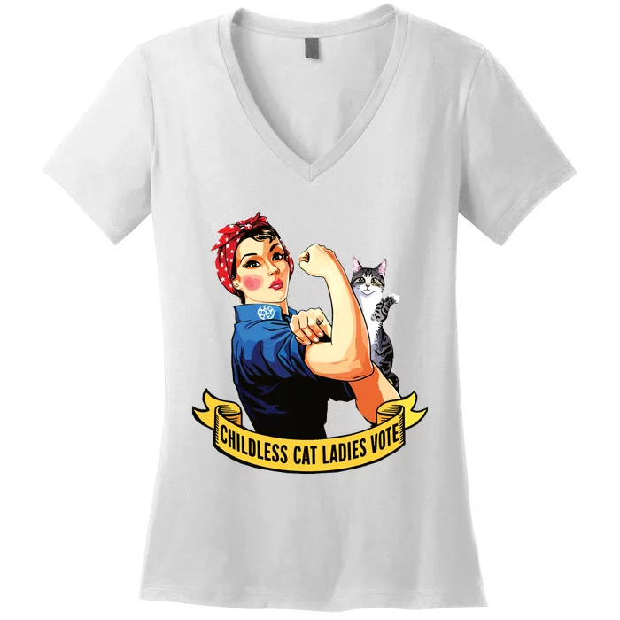 Funny Vintage Childless Cat Ladies Vote Rosie The Riveter Women's V-Neck T-Shirt