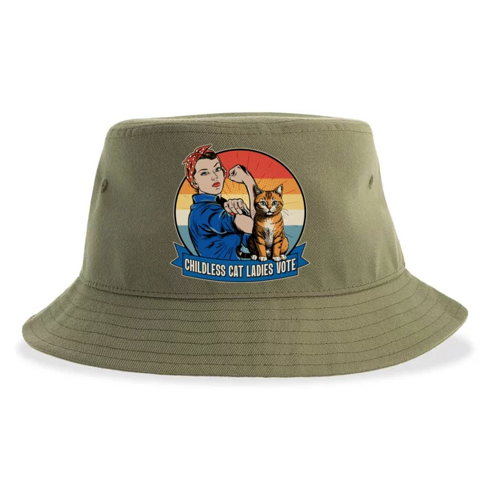 Funny Vintage Childless Cat Ladies Vote Kamala Harris 2024 Election Sustainable Bucket Hat