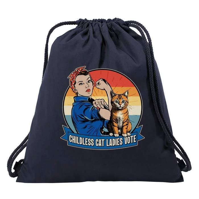 Funny Vintage Childless Cat Ladies Vote Kamala Harris 2024 Election Drawstring Bag