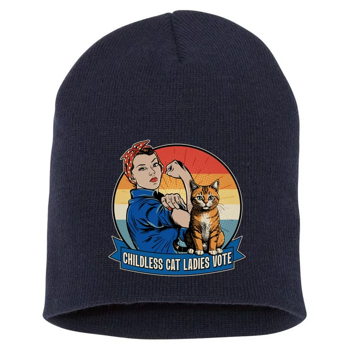 Funny Vintage Childless Cat Ladies Vote Kamala Harris 2024 Election Short Acrylic Beanie