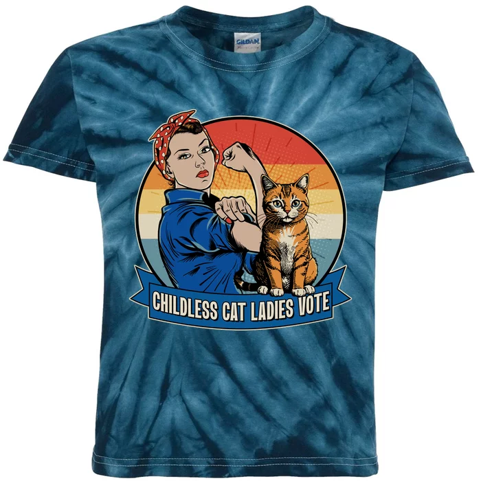 Funny Vintage Childless Cat Ladies Vote Kamala Harris 2024 Election Kids Tie-Dye T-Shirt