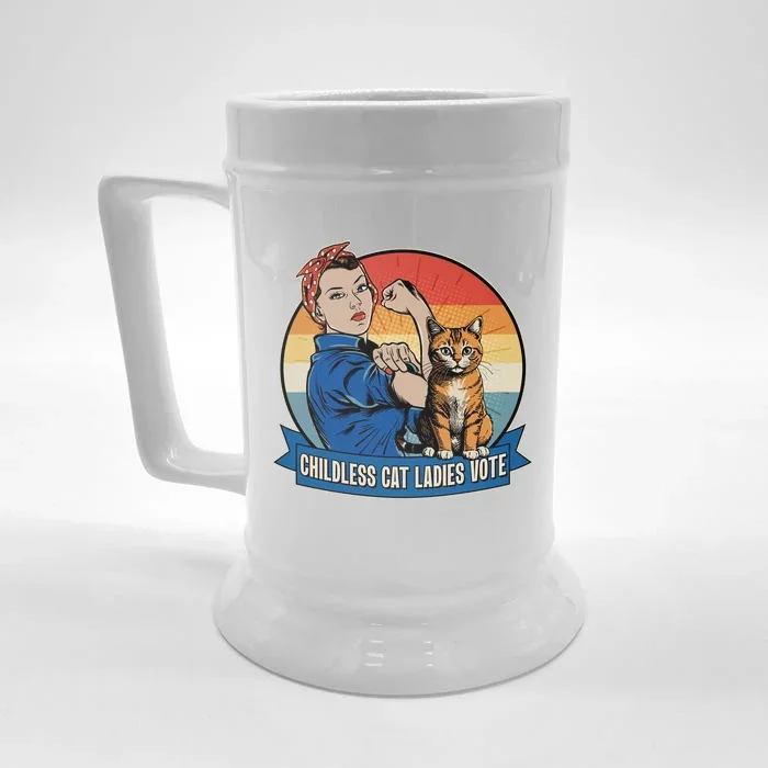 Funny Vintage Childless Cat Ladies Vote Kamala Harris 2024 Election Front & Back Beer Stein