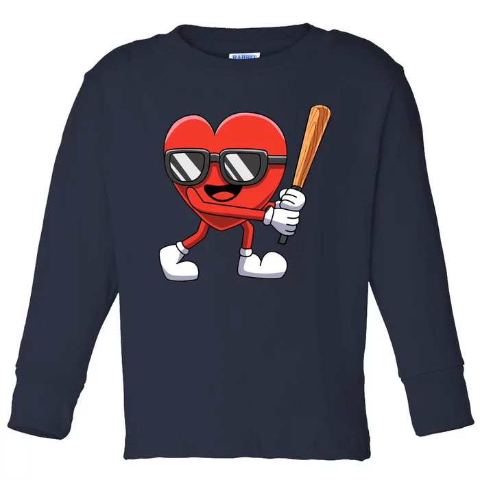 Funny Valentines Day Heart Playing Baseball Boy Girl Toddler Long Sleeve Shirt