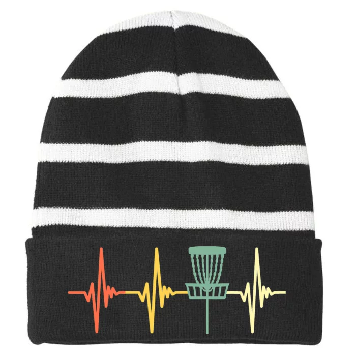 Funny Vintage Disc Golf Retro Heartbeat Disc Golf Striped Beanie with Solid Band