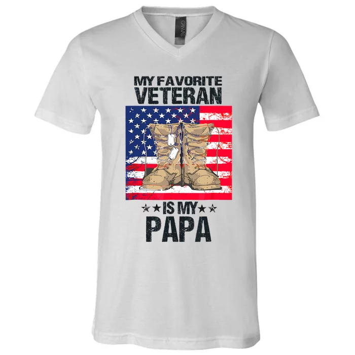 Father Veterans Day My Favorite Veteran Is My Papa For Kids V-Neck T-Shirt