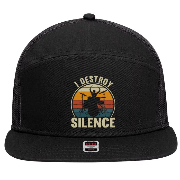 Funny Vintage Drums Player I Destroy Silence Drummer 7 Panel Mesh Trucker Snapback Hat