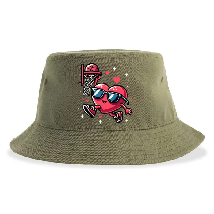 Funny Valentines Day Heart Playing Basketball Sustainable Bucket Hat