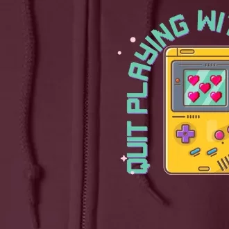 Funny Valentines Day Quit Playing With My Heart Retro Video Game Fan Full Zip Hoodie