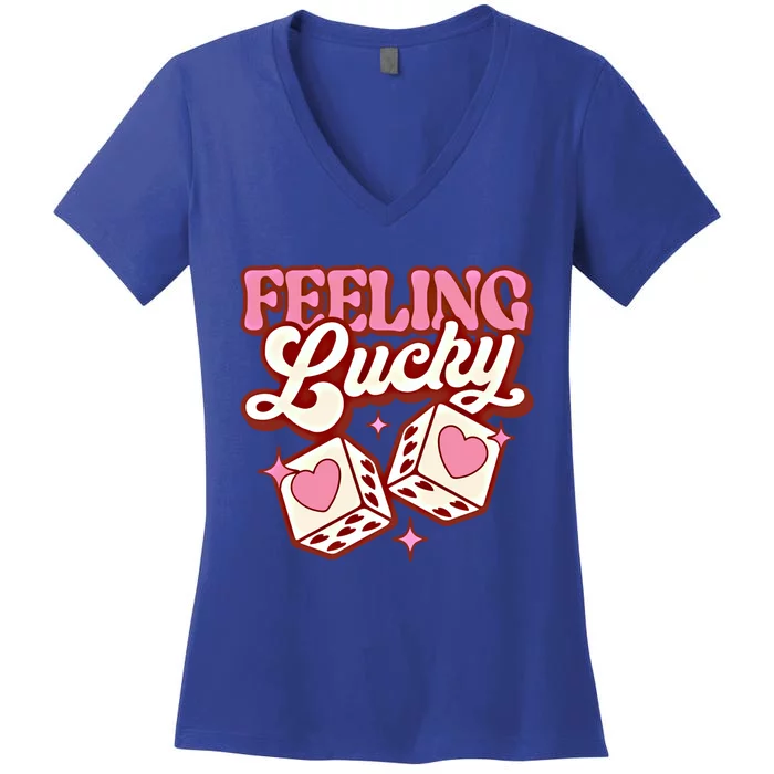 Funny Valentines Day Feeling Lucky Dice Hearts Pink Vintage Gift Women's V-Neck T-Shirt