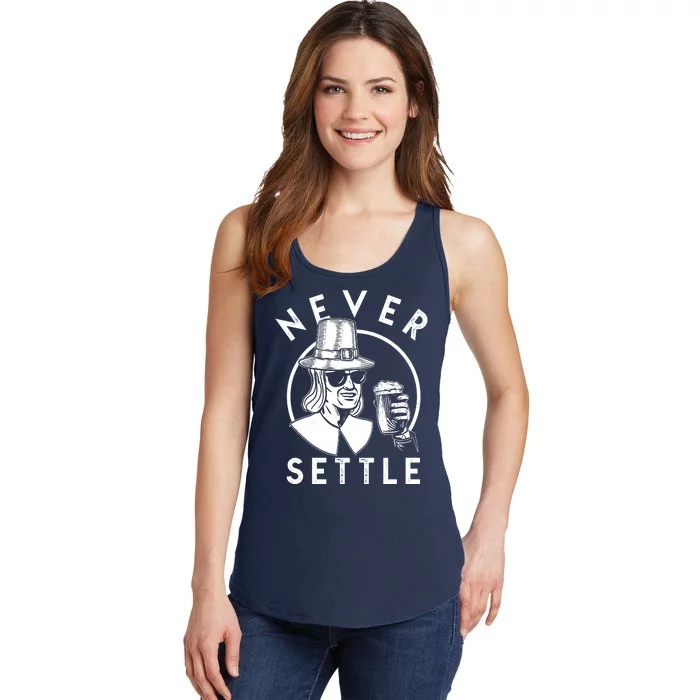 Funny Vintage Drinking Thanksgiving Pilgrim Never Settle Ladies Essential Tank