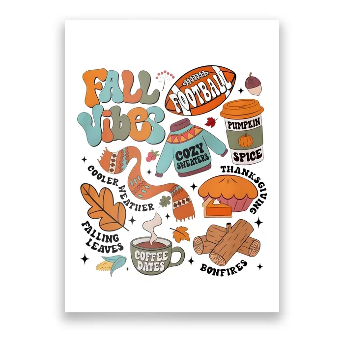 Fall Vibes Football Pumpkin Spice Falling Leaves Coffee Dates Poster