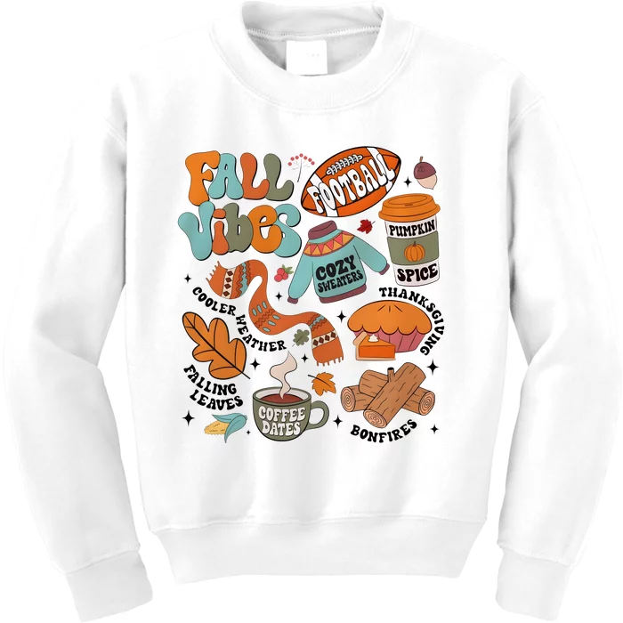 Fall Vibes Football Pumpkin Spice Falling Leaves Coffee Dates Kids Sweatshirt