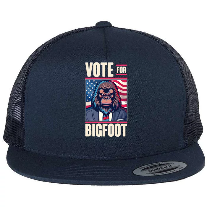 Funny Vote For Bigfoot 2024 Election Flat Bill Trucker Hat