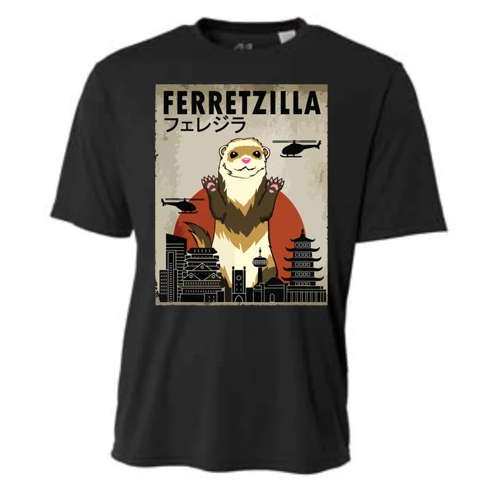 Ferretzilla Vintage Funny Ferret Japanese Sunset Style Cooling Performance Crew T-Shirt