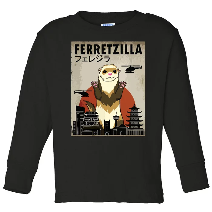 Ferretzilla Vintage Funny Ferret Japanese Sunset Style Toddler Long Sleeve Shirt