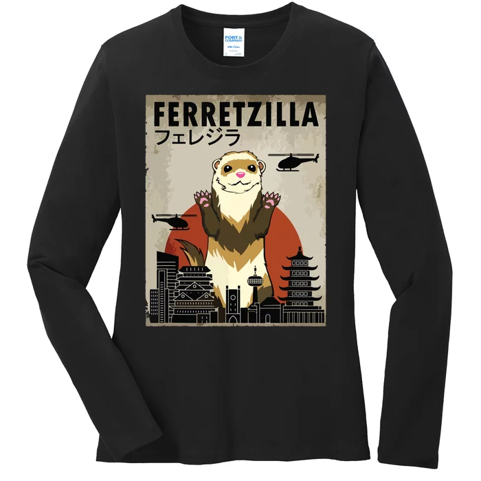 Ferretzilla Vintage Funny Ferret Japanese Sunset Style Ladies Long Sleeve Shirt