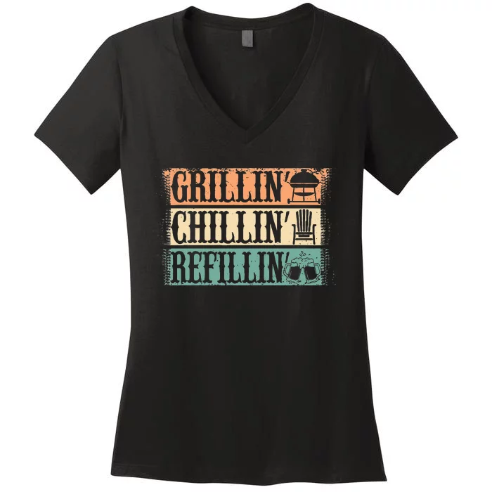 Funny Vintage Grill Dad Grilling Chilling Refilling Women's V-Neck T-Shirt