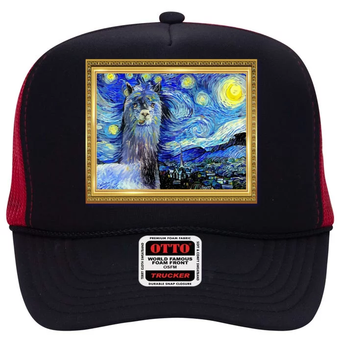 Funny Van Gogh Starry Night Llama Alpaca High Crown Mesh Trucker Hat