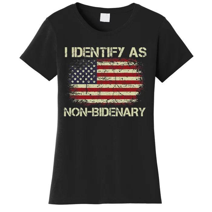 Funny Vintage Grunge American Flag I Identify As Non Bidenary Gift Women's T-Shirt