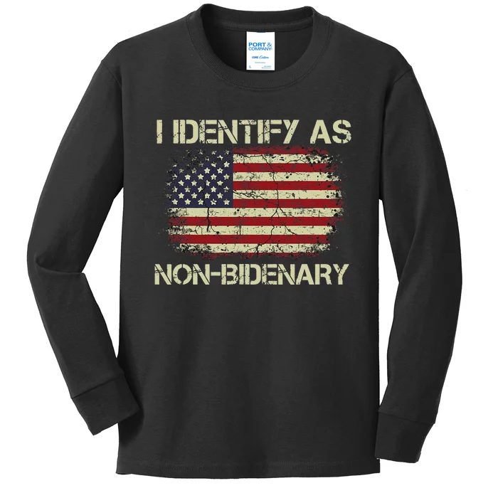 Funny Vintage Grunge American Flag I Identify As Non Bidenary Gift Kids Long Sleeve Shirt