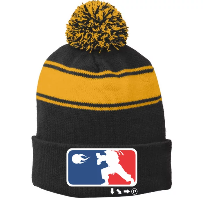 Fighters Video Game League Player Logo Stripe Pom Pom Beanie