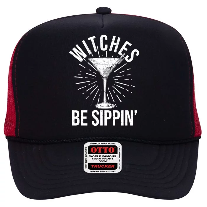 Funny Vintage Halloween Witches Be Sippin Martini High Crown Mesh Trucker Hat