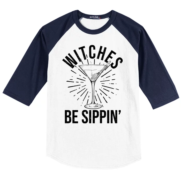 Funny Vintage Halloween Witches Be Sippin Martini Baseball Sleeve Shirt