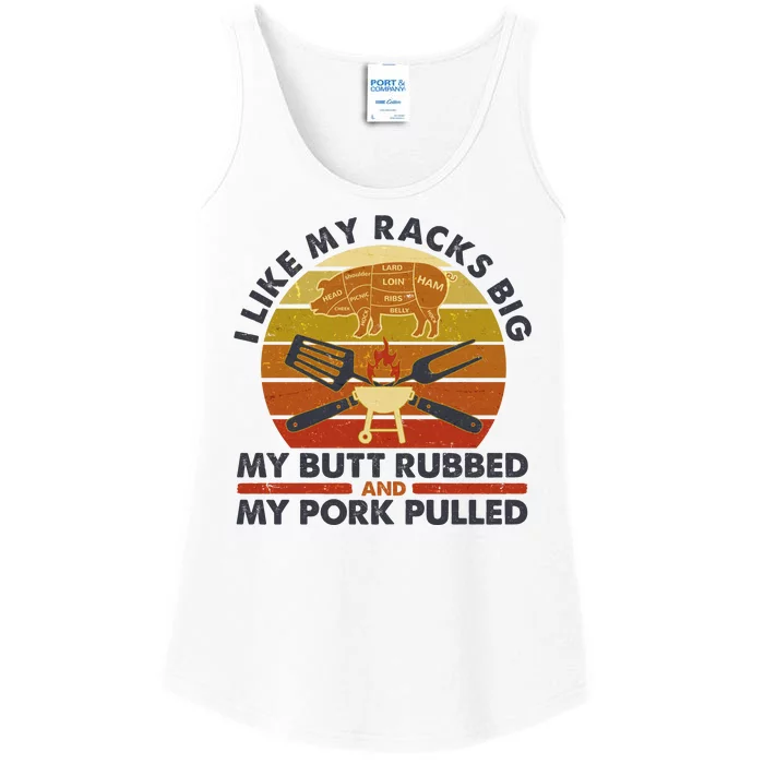 Funny Vintage I Like My Racks Big Butt Rubbed And Pork Pulled Meat Cut Lines Ladies Essential Tank