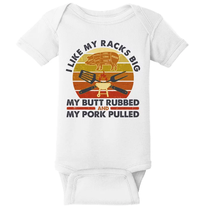 Funny Vintage I Like My Racks Big Butt Rubbed And Pork Pulled Meat Cut Lines Baby Bodysuit