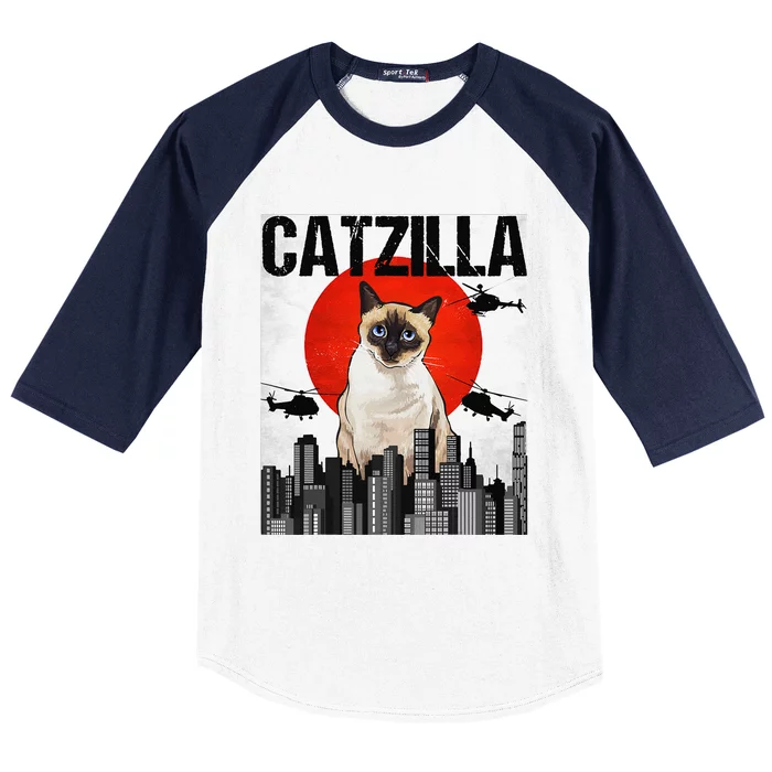 Funny Vintage Japanese Catzilla Siamese Cat Baseball Sleeve Shirt