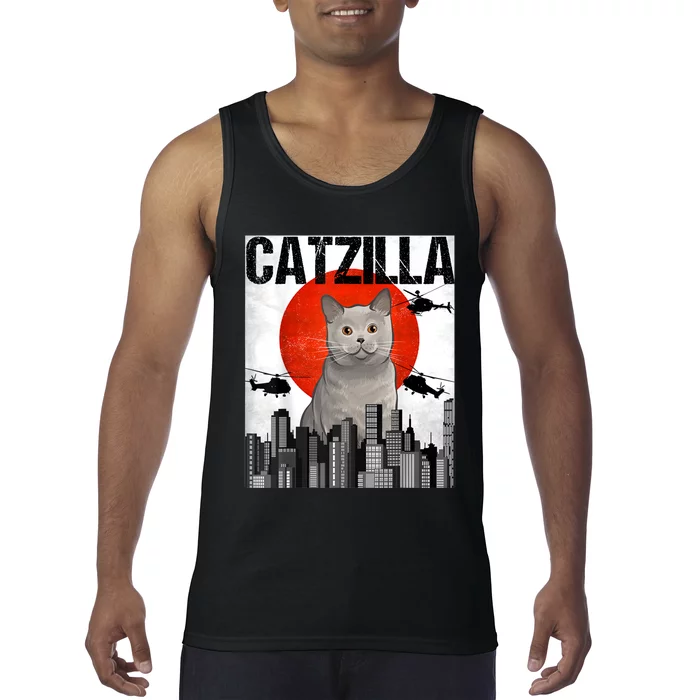 Funny Vintage Japanese Catzilla British Shorthair Cat Tank Top