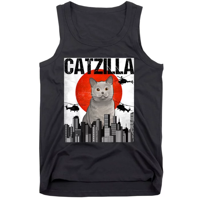 Funny Vintage Japanese Catzilla British Shorthair Cat Tank Top