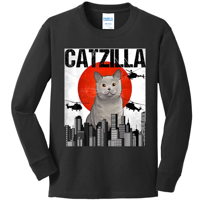 Funny Vintage Japanese Catzilla British Shorthair Cat Kids Long Sleeve Shirt