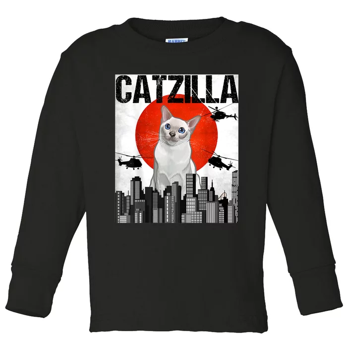 Funny Vintage Japanese Catzilla Onkinese Cat Toddler Long Sleeve Shirt