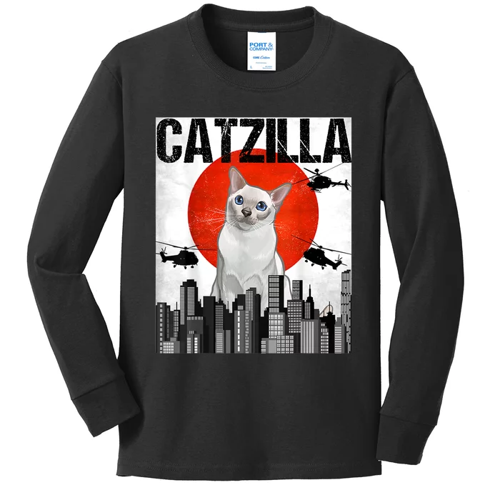 Funny Vintage Japanese Catzilla Onkinese Cat Kids Long Sleeve Shirt