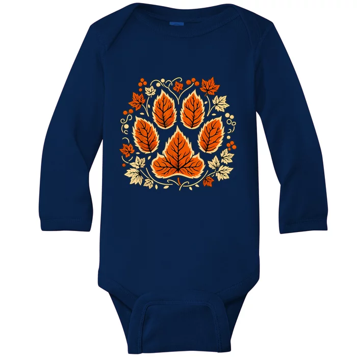 Fall Vine Leaf Dog Paw Print Autumn Maple Leaf Thanksgiving Baby Long Sleeve Bodysuit