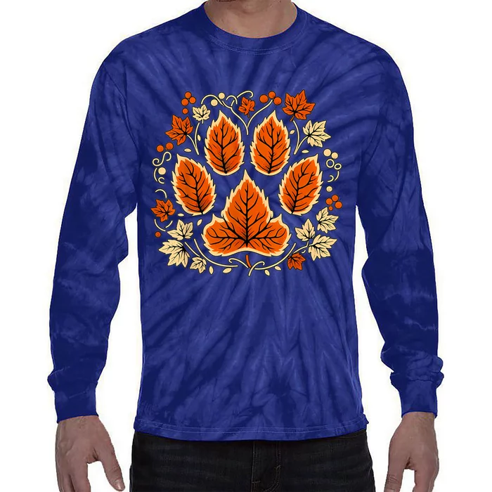 Fall Vine Leaf Dog Paw Print Autumn Maple Leaf Thanksgiving Tie-Dye Long Sleeve Shirt