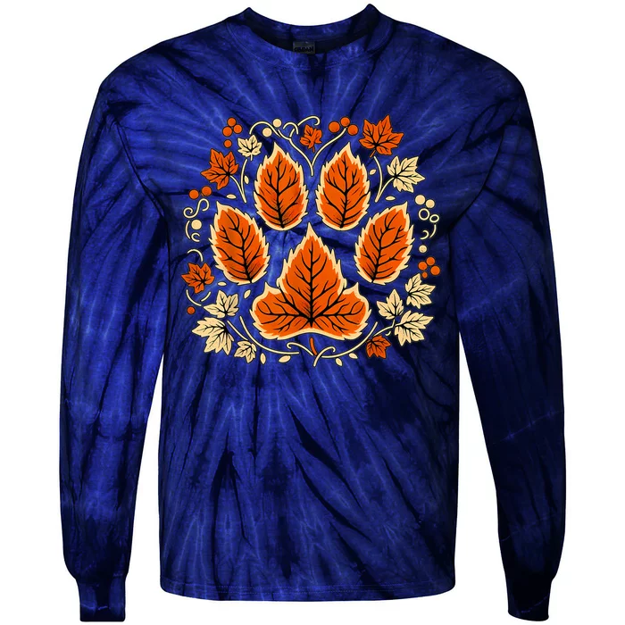 Fall Vine Leaf Dog Paw Print Autumn Maple Leaf Thanksgiving Tie-Dye Long Sleeve Shirt