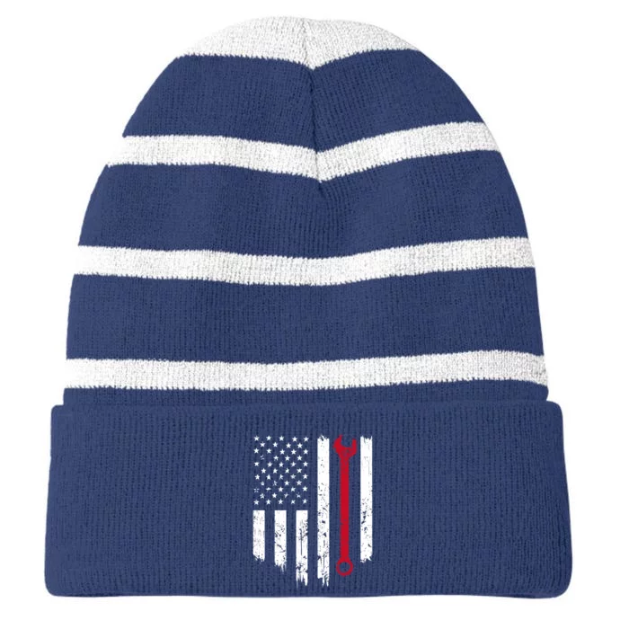 Funny Vintage Mechanic Distressed American Flag Gift Striped Beanie with Solid Band