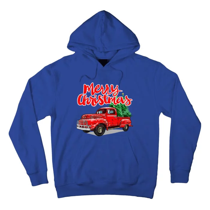 Funny Vintage Merry Christmas Tree Red Wagon Truck Outfit Gift Tall Hoodie