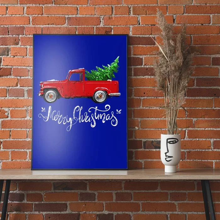 Funny Vintage Merry Christmas Tree Red Wagon Truck Outfit Poster