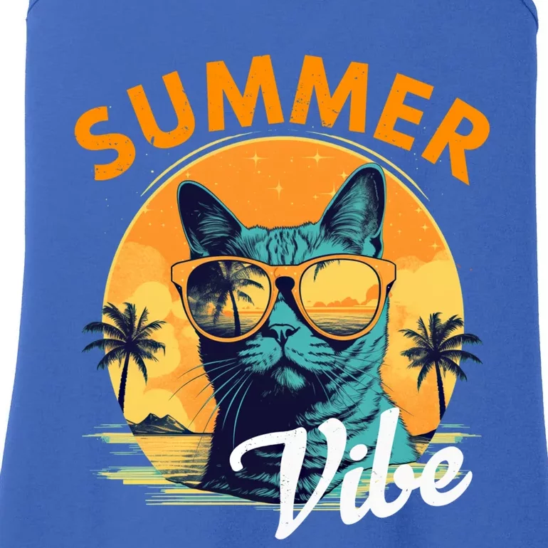 Funny Vacay Mode Cat With Glasses Summer Vibes Cats Lover Gift Ladies Essential Tank