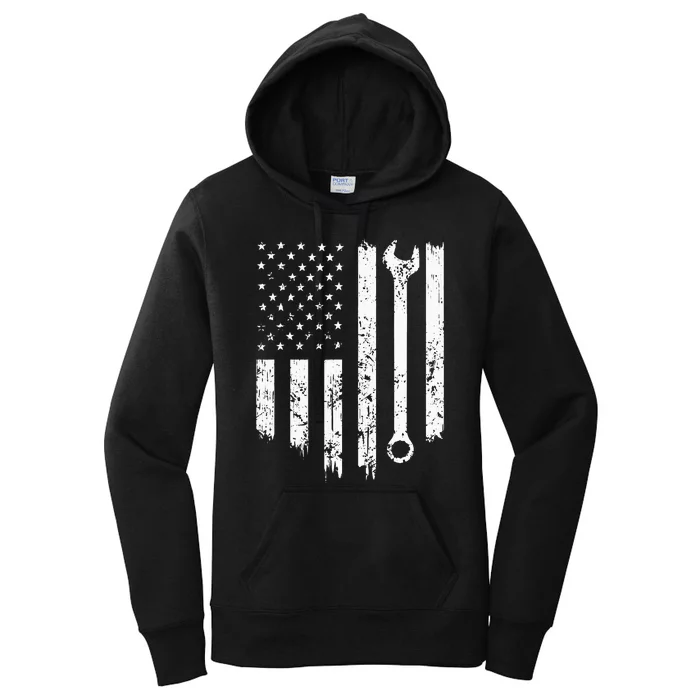 Funny Vintage Mechanic Distressed American Flag Gift Women's Pullover Hoodie