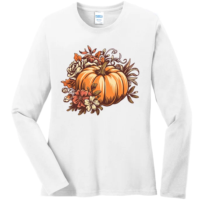 Fall Vintage Pumpkin Autumn Graphic Thanksgiving Ladies Long Sleeve Shirt