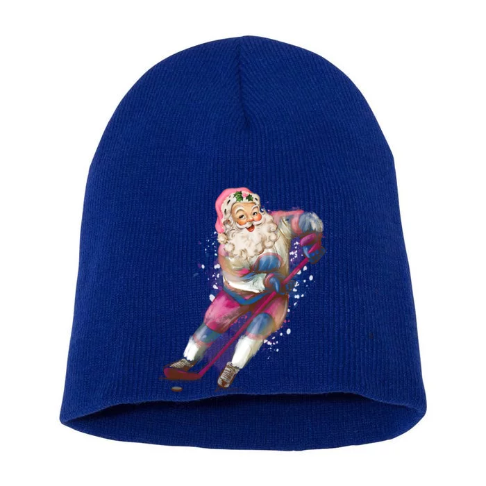 Funny Vintage Pink Santa Claus Ice Hockey Player Xmas Cool Gift Short Acrylic Beanie