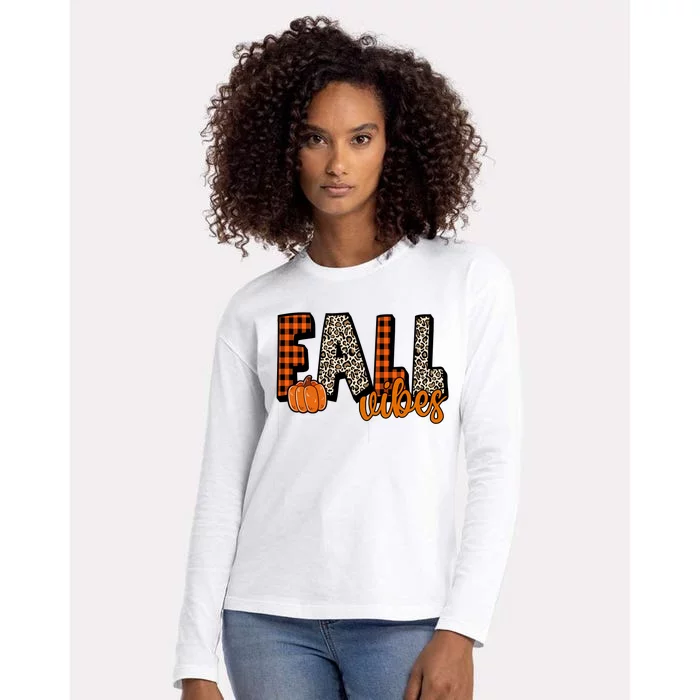 Fall Vibes Pumpkin Plaid Cheetah Womens Cotton Relaxed Long Sleeve T-Shirt