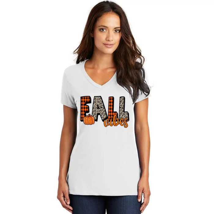 Fall Vibes Pumpkin Plaid Cheetah Women's V-Neck T-Shirt